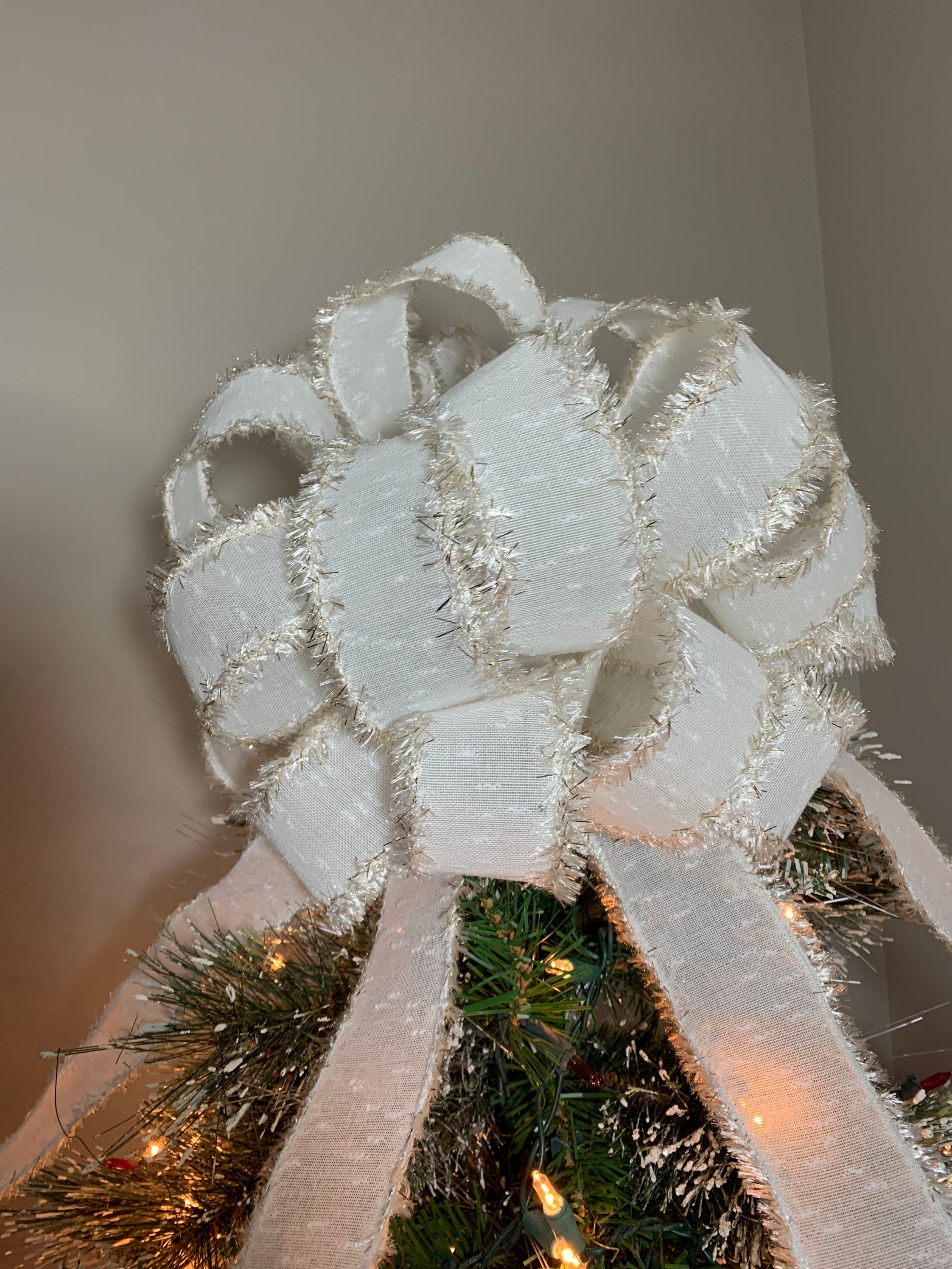 Large Christmas Tree topper bow Off White Burlap Ribbon with champagne gold fringe