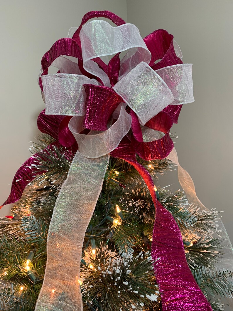 Large fuchsia and white Iridescent crinkle ribbon Christmas Tree topper bow 8ft tails image 5