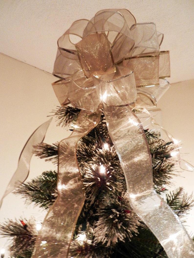 Large Sheer Gold and Silver Ribbon Christmas Tree Topper Bow 6 Etsy