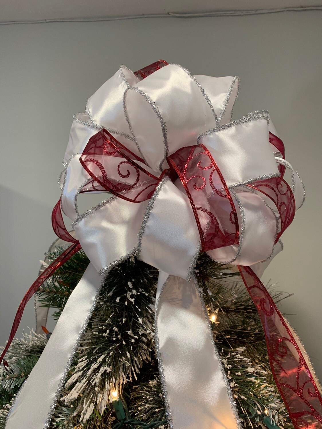 Large Christmas Tree Topper Bow White W/ Silver Tinsel Edging Etsy