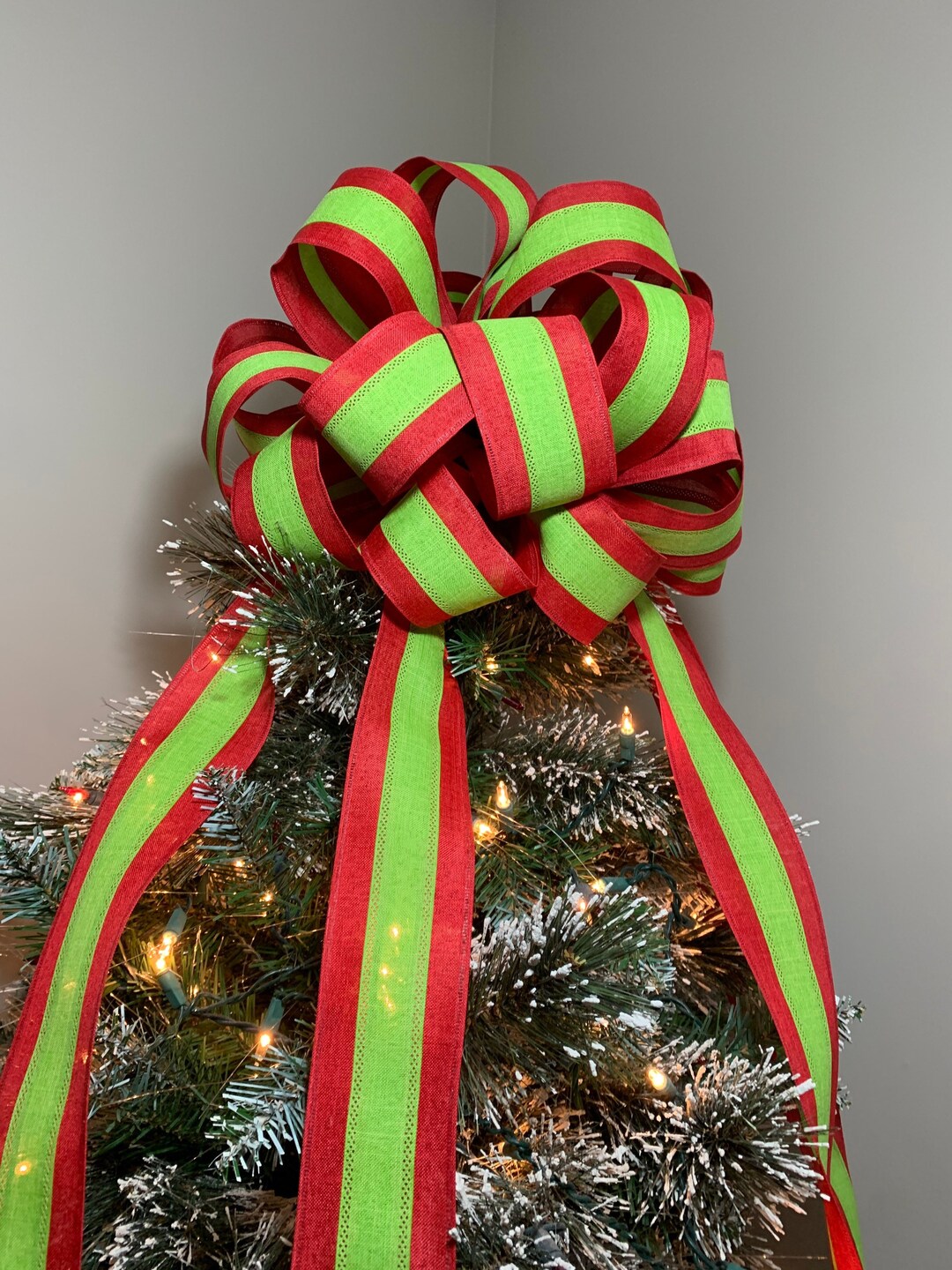 Christmas Tree Topper Bow Red Burlap With Lime Green Stripe - Etsy
