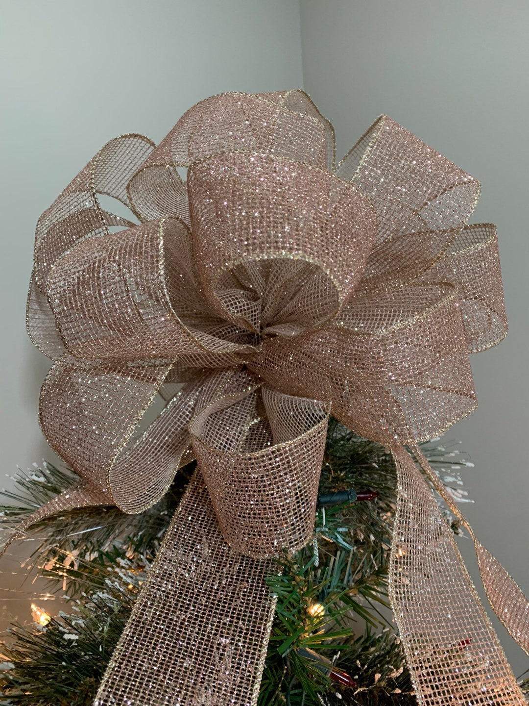 Large Christmas Tree Topper Bow Rose Gold Glitter Net Ribbons 8 Ft ...