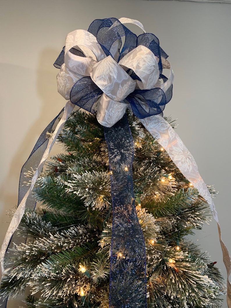 Large Christmas Tree Topper Bow Navy blue glitter mesh ribbon Etsy