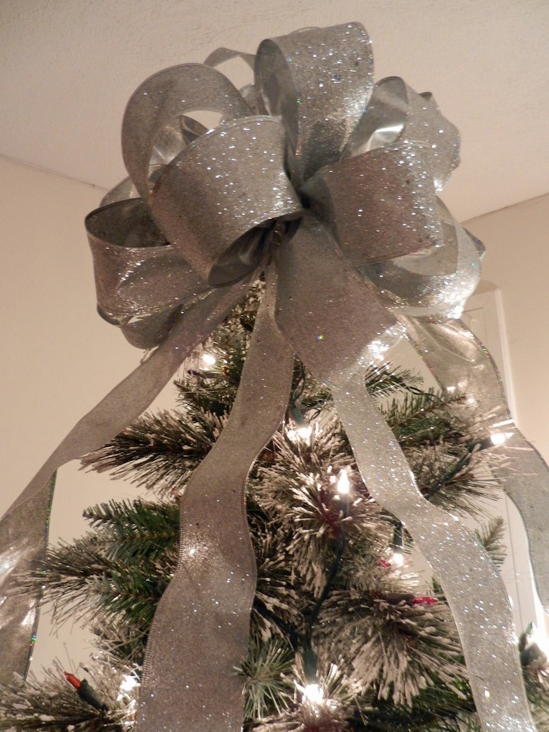 Large Silver Glitter  Christmas Tree topper bow 6 ft tails image 1
