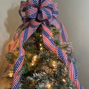 Patriotic Mailbox / small tree topper bow a red white and blue flag burlap ribbon with silver trim image 6