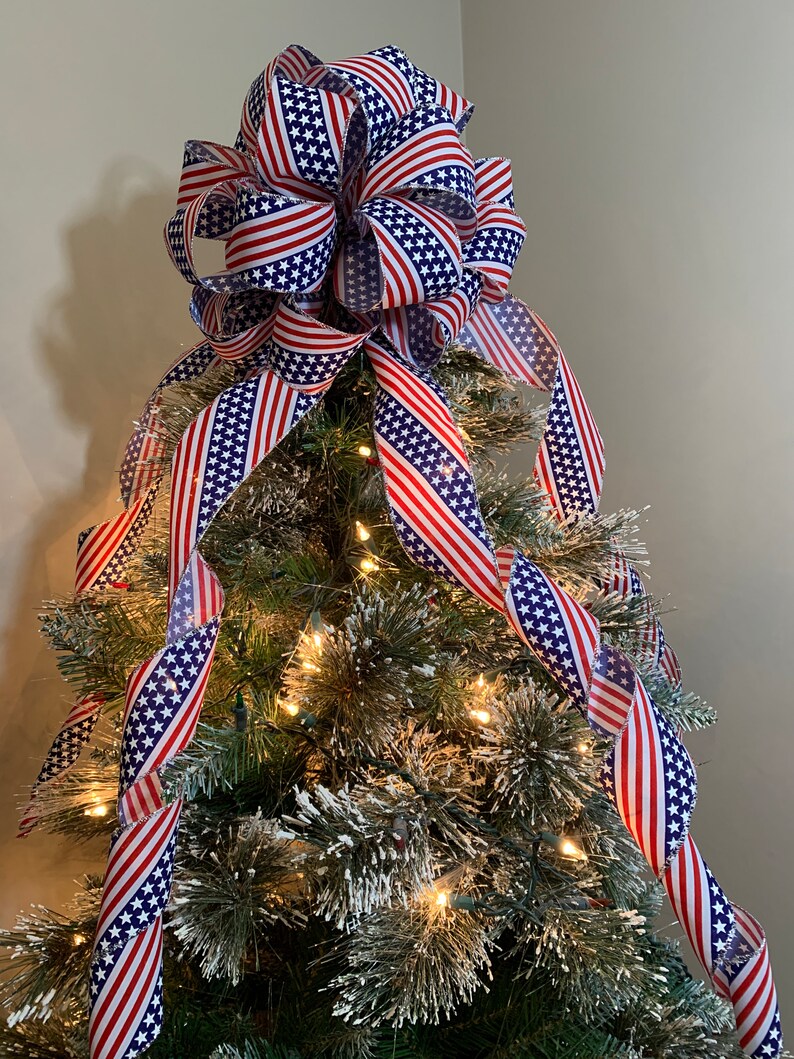 Patriotic Mailbox / small tree topper bow a red white and blue flag burlap ribbon with silver trim image 6