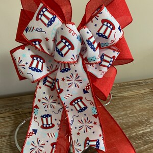 Patriotic wreath bow a red white and blue top hats and fireworks ribbon and solid red linen ribbon image 2