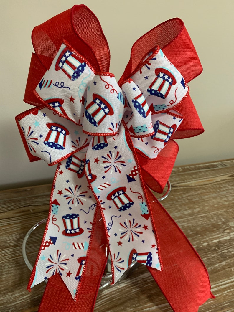 Patriotic wreath bow a red white and blue top hats and fireworks ribbon and solid red linen ribbon image 2