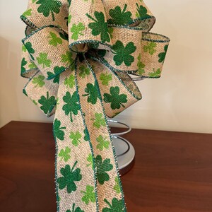 St. Patricks Day Bow, Natural burlap ribbon with green Shamrocks printed on it. image 7