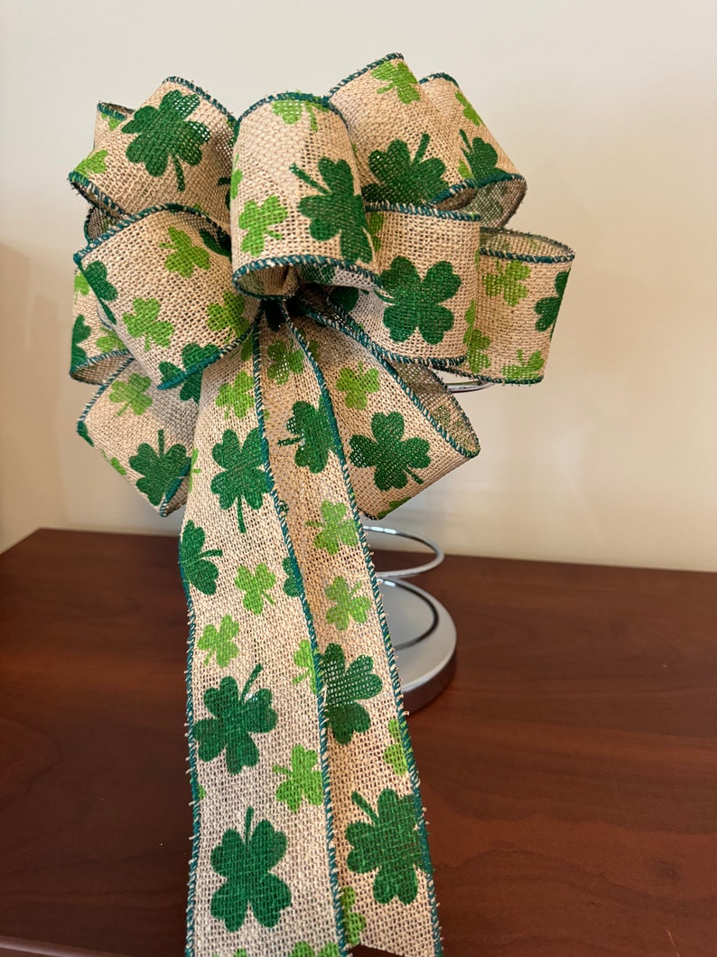 St. Patricks Day Bow, Natural burlap ribbon with green Shamrocks printed on it. image 7