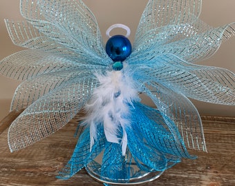 Easter/baby boy/Christmas Angel tree topper light blue wings and a teal blue skirt guardian angel