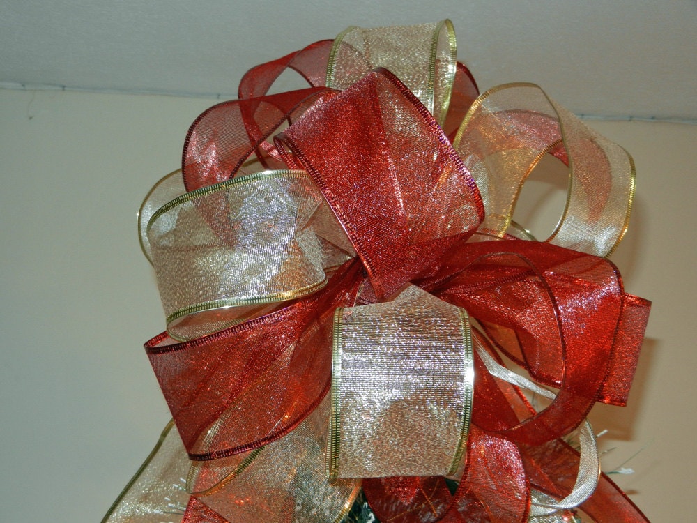 Large Sheer Gold and red Ribbon Christmas Tree topper bow 6 Etsy