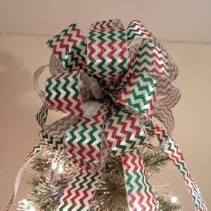 Large Christmas Tree Topper Bow Red and Green Chevron Stripe - Etsy