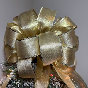 Christmas tree topper bow semi sheer shiny Gold Ribbons 8 ft tails