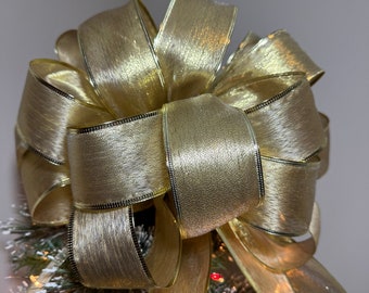 Christmas tree topper bow semi sheer shiny Gold Ribbons 8 ft tails