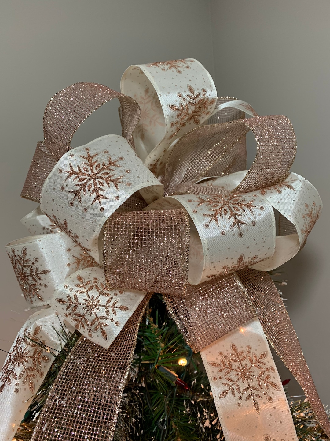Large Christmas Tree Topper Bow Ivory Ribbon W/ Rose Gold Glitter