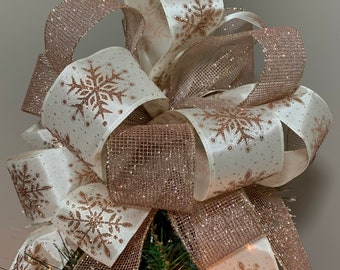 Large Christmas Tree topper bow ivory ribbon w/ rose gold glitter snowflakes and a coordinating rose gold glitter net ribbon