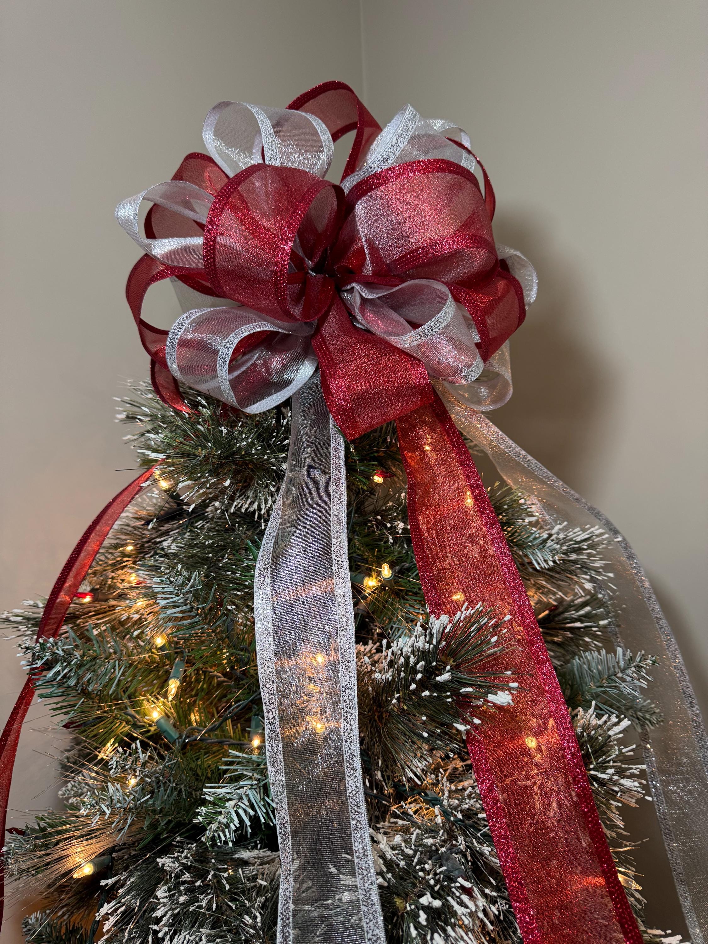 Large Christmas Tree Topper Bow Sheer Silver and Burgundy Deep Red ...