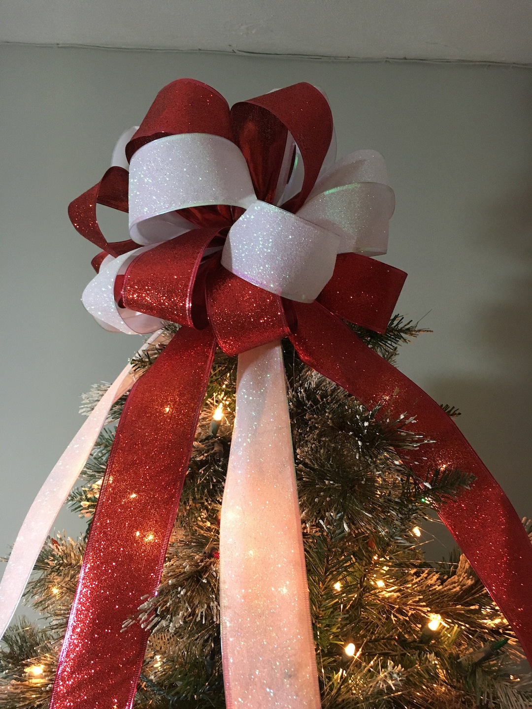 Large Christmas Tree Topper Bow Red and White Glitter Ribbons - Etsy