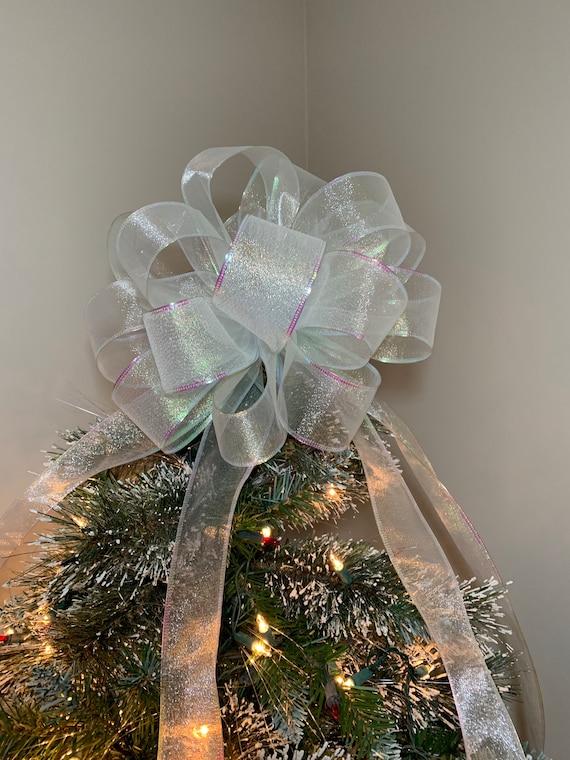 Large Sheer White Iridescent Christmas Tree Topper Bow 