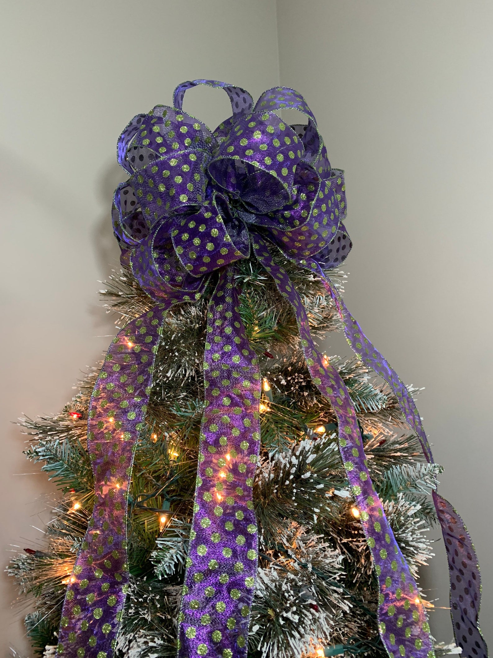 Large Christmas Tree topper bow sheer purple with lime glitter Etsy