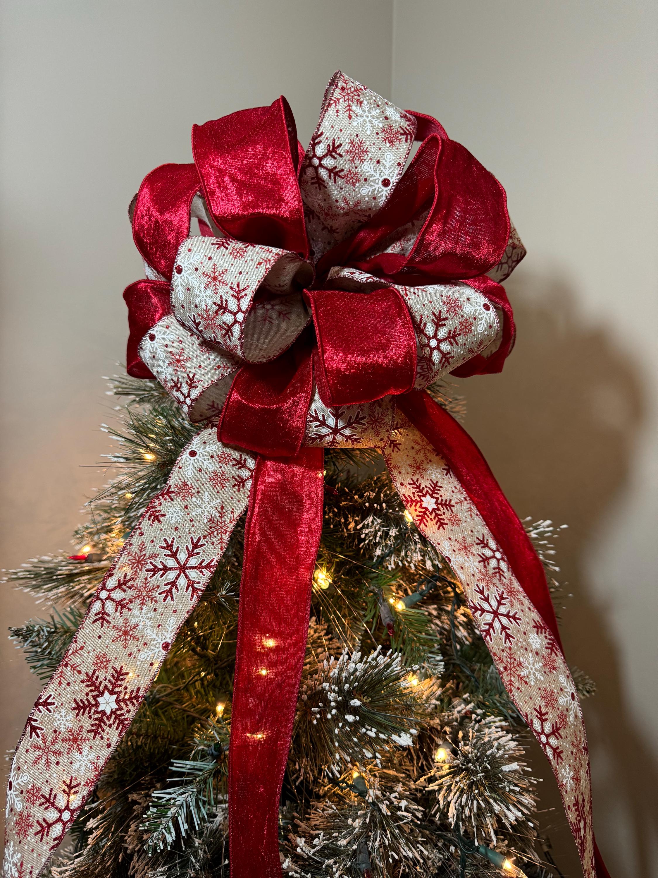 Large Burlap Christmas Tree Topper Bow: Red Glitter Snowflakes ...