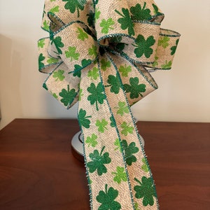 St. Patricks Day Bow, Natural burlap ribbon with green Shamrocks printed on it. image 3