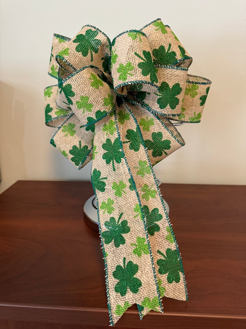 St. Patricks Day Bow, Natural burlap ribbon with green Shamrocks printed on it. image 3