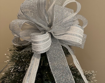 Large Christmas Tree topper white ribbon with silver glitter Stripes and a matching silver net ribbon