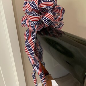 Patriotic Mailbox / small tree topper bow a red white and blue flag burlap ribbon with silver trim image 2