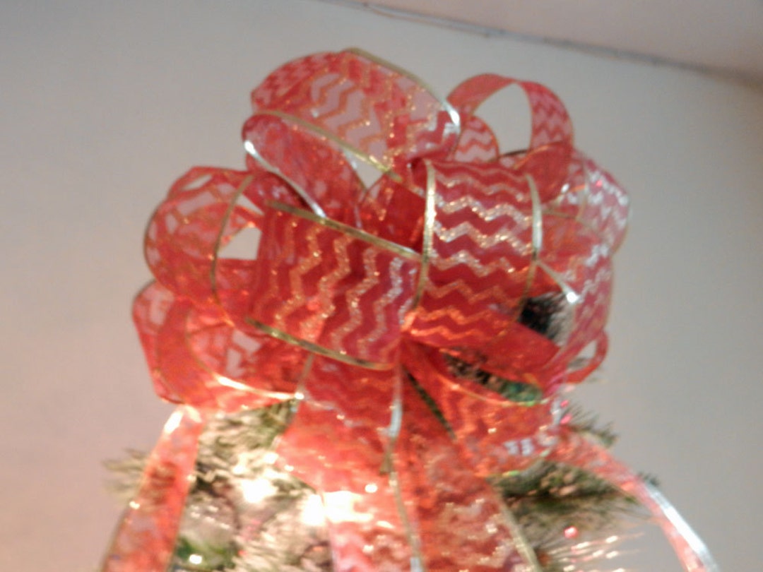 Large Christmas Tree Topper Bow Sheer Red With Gold Glitter Chevron ...