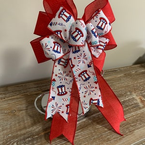 Patriotic wreath bow a red white and blue top hats and fireworks ribbon and solid red linen ribbon image 3