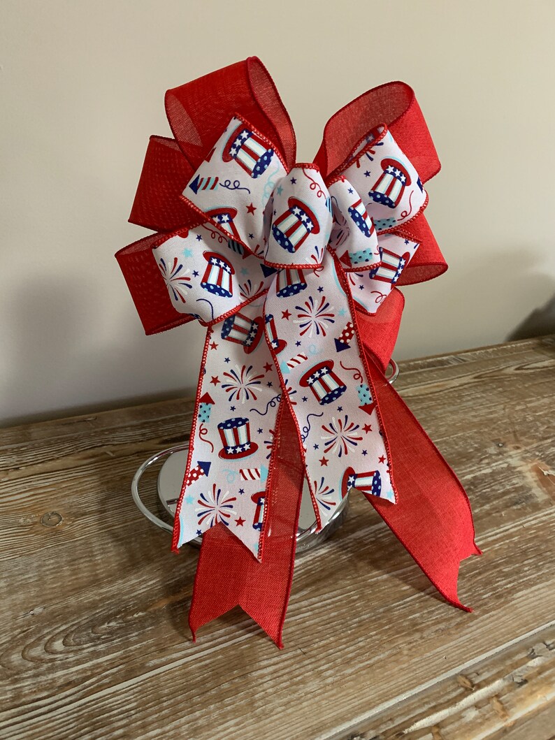 Patriotic wreath bow a red white and blue top hats and fireworks ribbon and solid red linen ribbon image 3