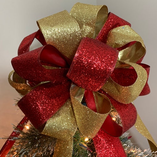 Large Christmas Tree Topper Bow Red and Gold Glitter Ribbons Etsy
