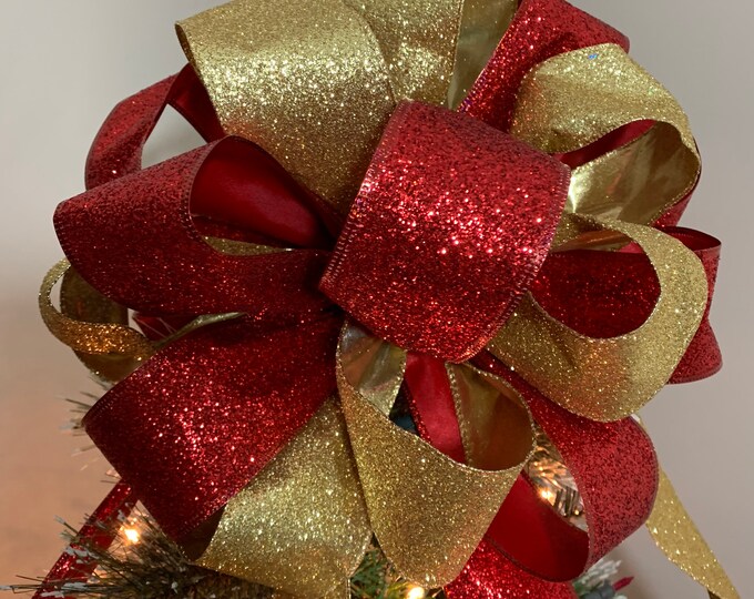 Large Christmas Tree Topper Bow Red and Gold Glitter Ribbons - Etsy