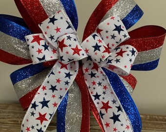 4 th of July/ Independence Day wreath bow Red, silver and Blue  glittered ribbon with a white burlap with glitter stars Patriotic  bow