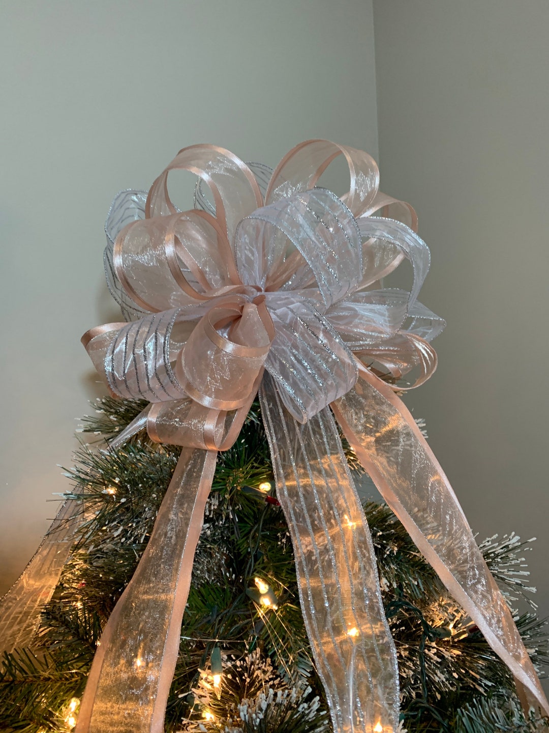 Large Blush Pink Christmas Tree Topper Bow: Sheer Silver Ribbon Glitter ...