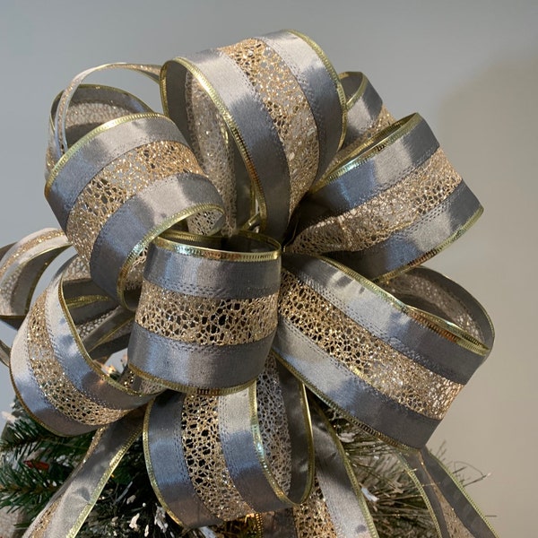 Large pewter ribbon with a champagne gold mesh center ribbon Christmas Tree topper bow