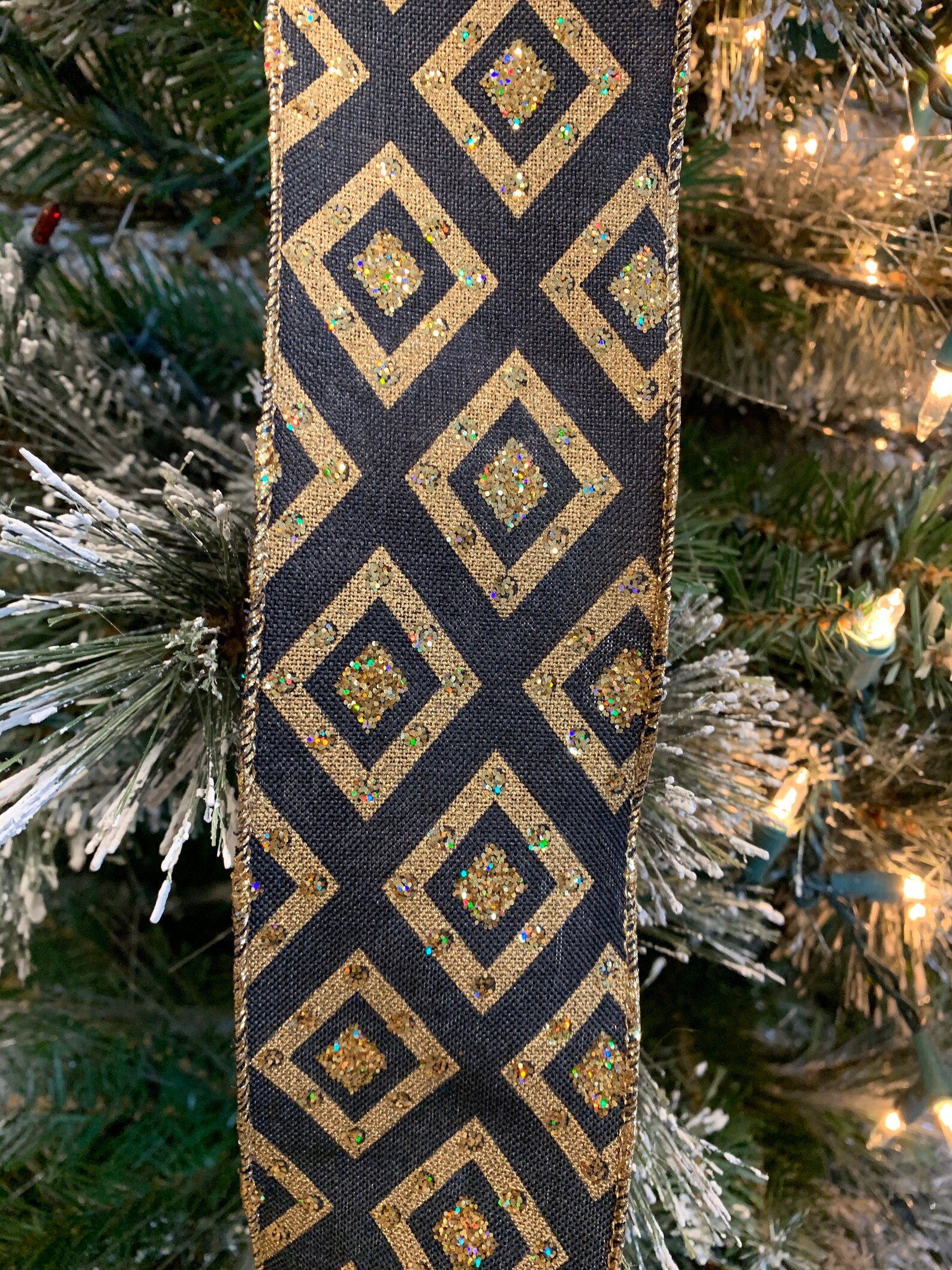 Lg Xmas Tree Topper Bow Black Burlap Ribbon With Gold Glitter Diamond ...