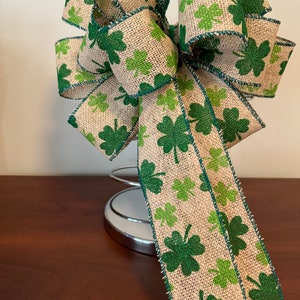 St. Patricks Day Bow, Natural burlap ribbon with green Shamrocks printed on it. image 4