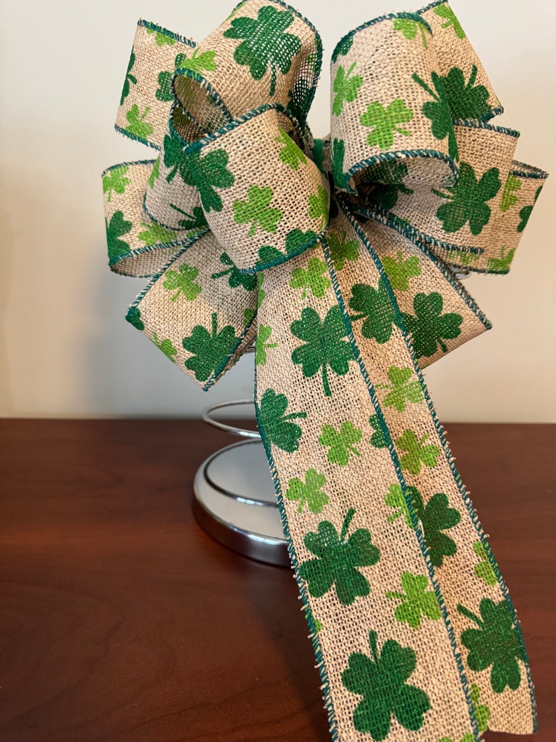 St. Patricks Day Bow, Natural burlap ribbon with green Shamrocks printed on it. image 4