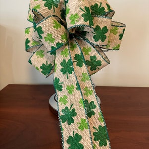 St. Patricks Day Bow, Natural burlap ribbon with green Shamrocks printed on it. image 2