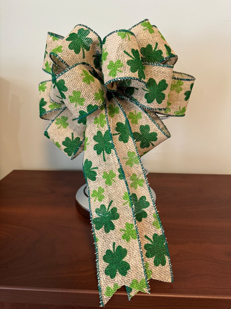 St. Patricks Day Bow, Natural burlap ribbon with green Shamrocks printed on it. image 2