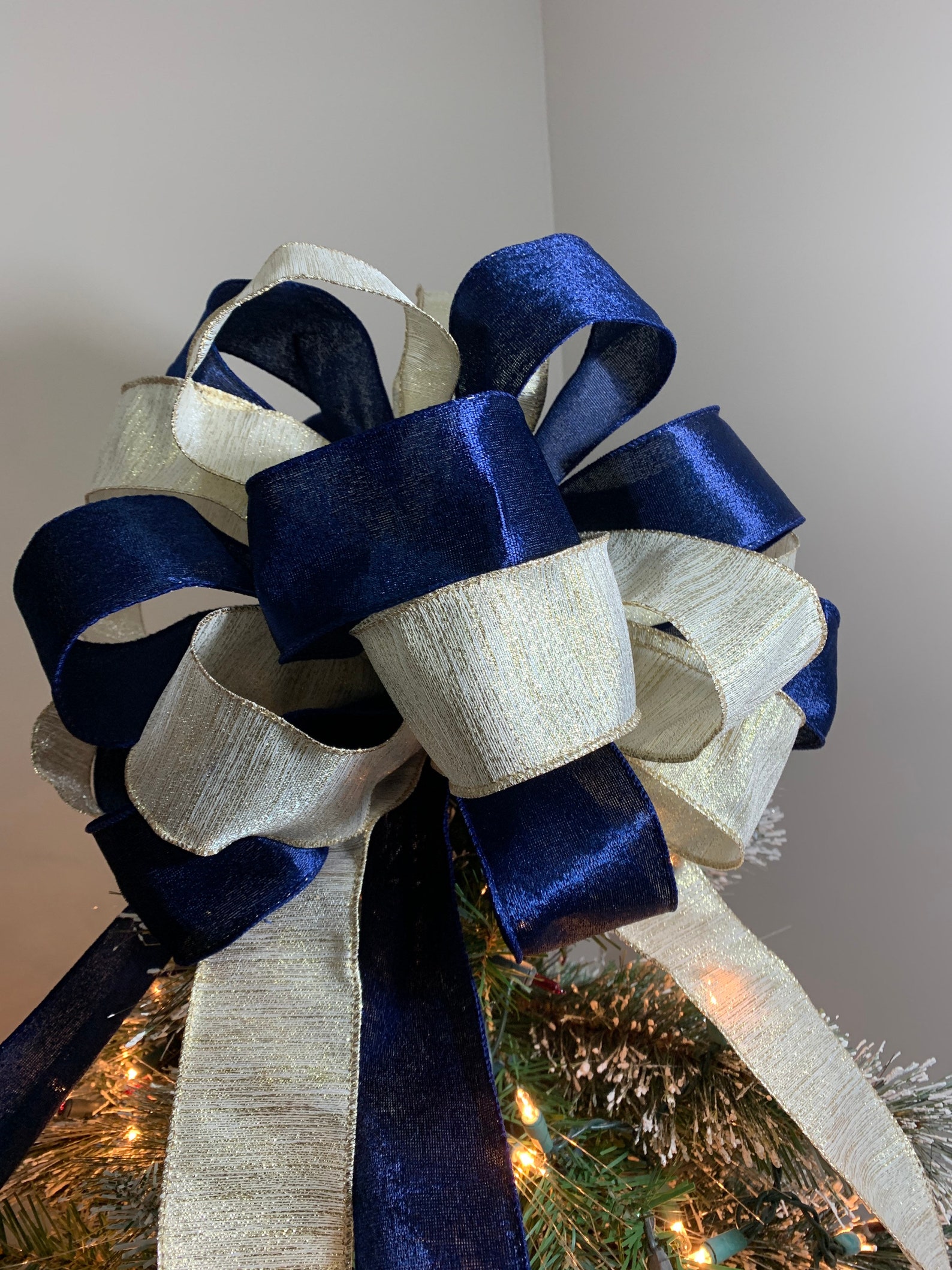 Large Christmas Tree Topper Navy Blue Velvet Ribbon and Cream Etsy
