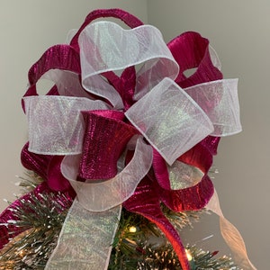 Large fuchsia and white Iridescent crinkle ribbon Christmas Tree topper bow 8ft tails image 1