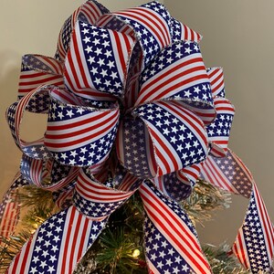 Patriotic Mailbox / small tree topper bow a red white and blue flag burlap ribbon with silver trim image 7