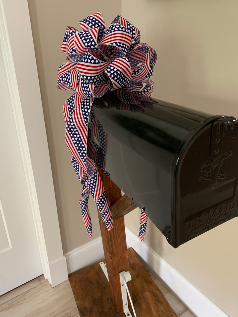 Patriotic Mailbox / small tree topper bow a red white and blue flag burlap ribbon with silver trim image 3