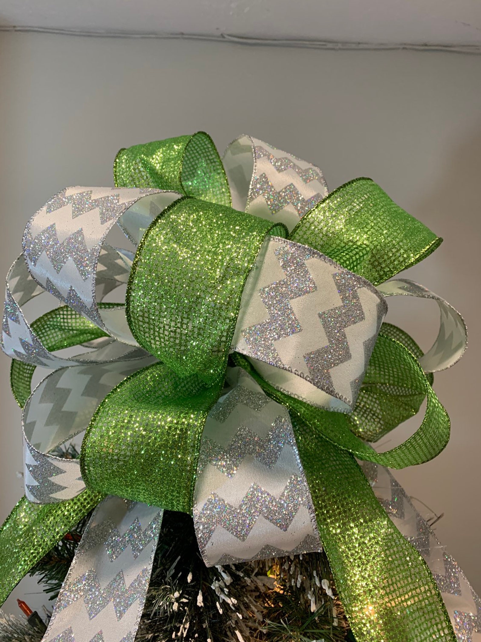 Large Christmas Tree Topper Bow Lime Green Mesh Ribbon Paired Etsy