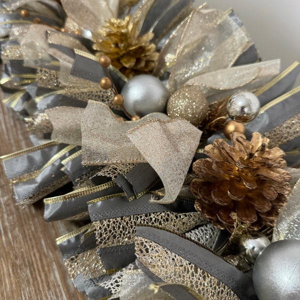 Christmas Garland, pewter ribbon with champagne gold mesh center and cream ombre champagne gold glitter ribbon, pinecones, ornament balls