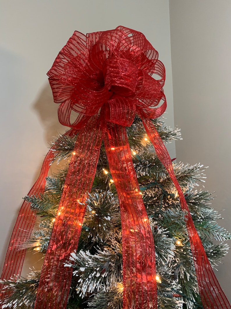 Large Sheer Red With Red Glitter Stripes Ribbon Christmas Tree Topper ...